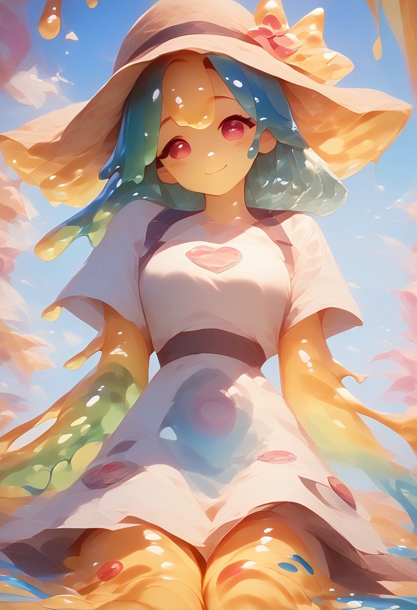 score_9, score_8_up, score_9_up, score_7_up, high quality, masterpiece, highly detailed, solo, (((colorful slime women))), medium breasts, summer dress, Slime core, cute pose, happy expression, summer hat
