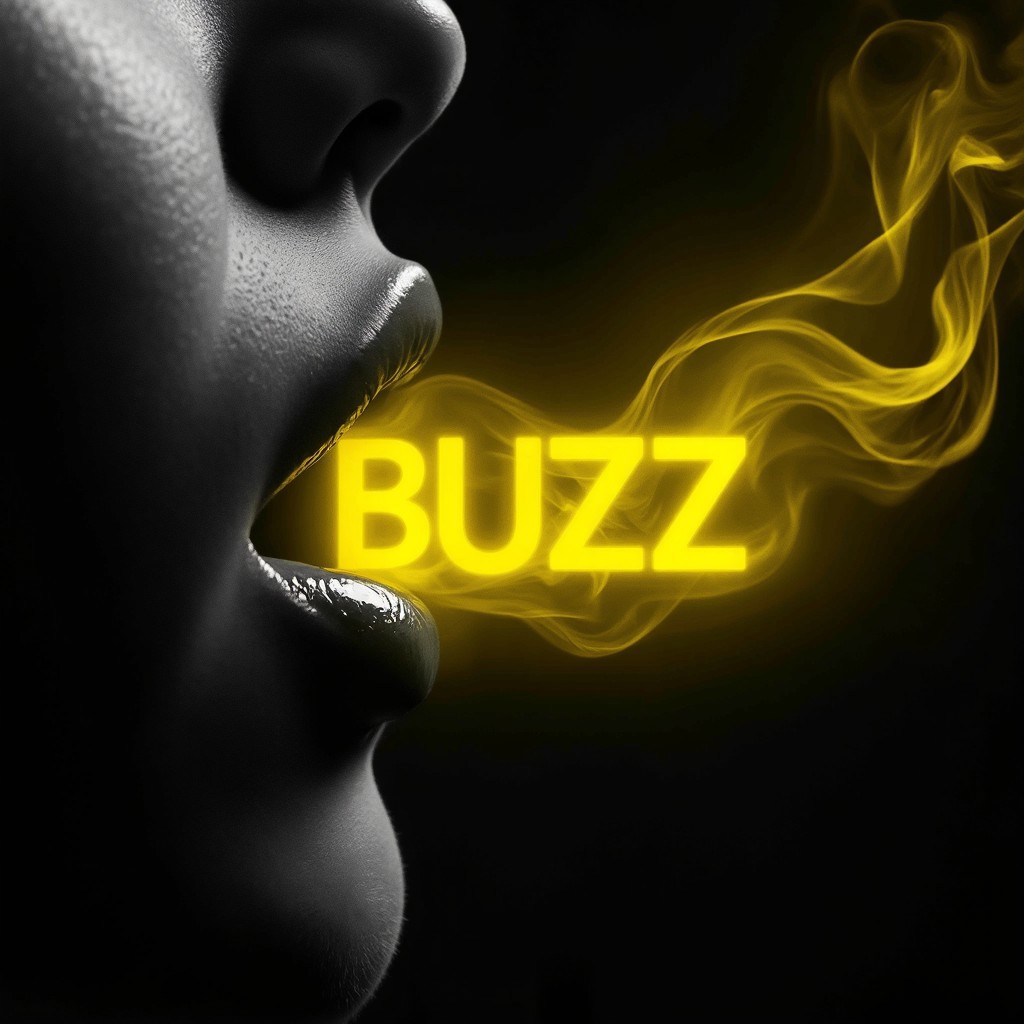 A close-up photograph of a woman's lips in monochrome, except for her lips, which are a vibrant, glowing yellow. Soft, ethereal yellow smoke-like waves emanate from her lips, gently forming the word "BUZZ" into the surrounding air. The rest of the image remains in black and white, creating a stark contrast with the vivid yellow glow, emphasizing the surreal and dreamlike quality of the scene.