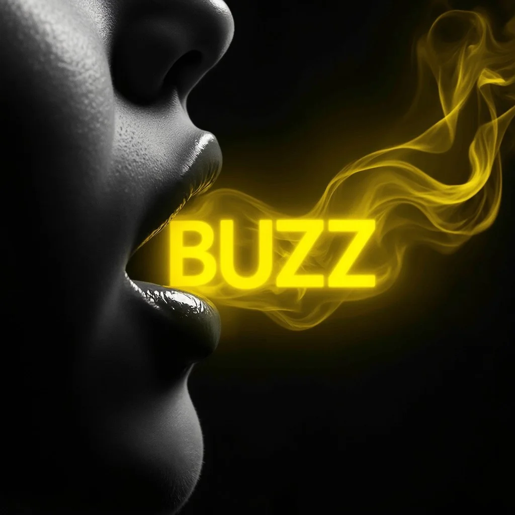 A close-up photograph of a woman's lips in monochrome, except for her lips, which are a vibrant, glowing yellow. Soft, ethereal yellow smoke-like waves emanate from her lips, gently forming the word "BUZZ" into the surrounding air. The rest of the image remains in black and white, creating a stark contrast with the vivid yellow glow, emphasizing the surreal and dreamlike quality of the scene.