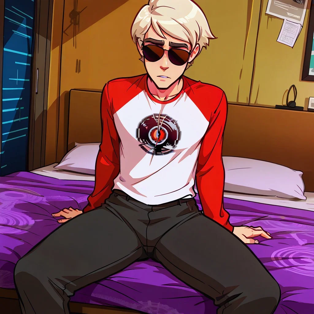 0up, Dave_Strider, sunglasses, long sleeve shirt, disc logo, black pants, messy apartment, sitting on bed, dynamic angle