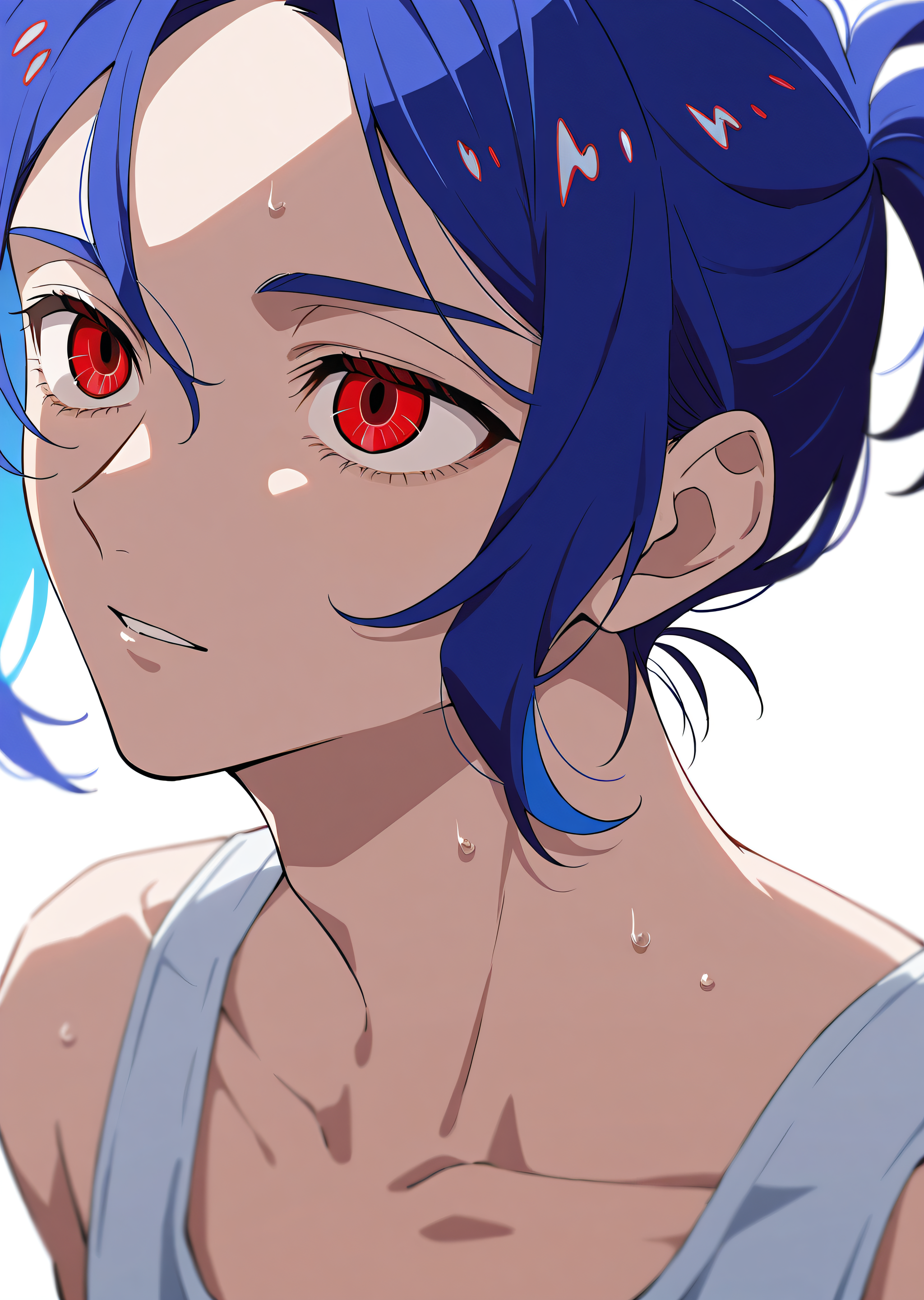 best quality, very aesthetic, absurdres, zPDXL, depth of field, volumetric lighting, BREAK
portrait,
perfect face, ultra-detailed face, 
perfect eyes, detailed eyes,  
1boy, solo,
 <lora:shuji_ito:0.8>shujiito, red eyes, blue hair, tank top, white shirt, short ponytail,white background,
