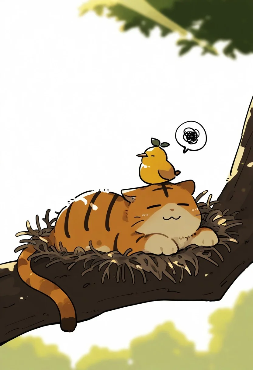 chii-kun \(seedyoulater\), naguru \(cyoroama\),
very awa, masterpiece, highres, absurdres, newest, year 2024, year 2023,
(cat:1.2), tiger-cat, (no humans:1.1), sleepy, paws, fur, (cute:1.2), comfy, solo, on stomach,
on tree, lying on branch, =_=, :3, spoken squiggle, (bird's nest on head:1.2), head tilt,
day, sunlight, sunrays, single fang, fang out,
<lora:TA_trained:0.75>, <lora:ponyv4_noob1_2_adamW-000017:0.33>, <lora:shiroski:0.75>,