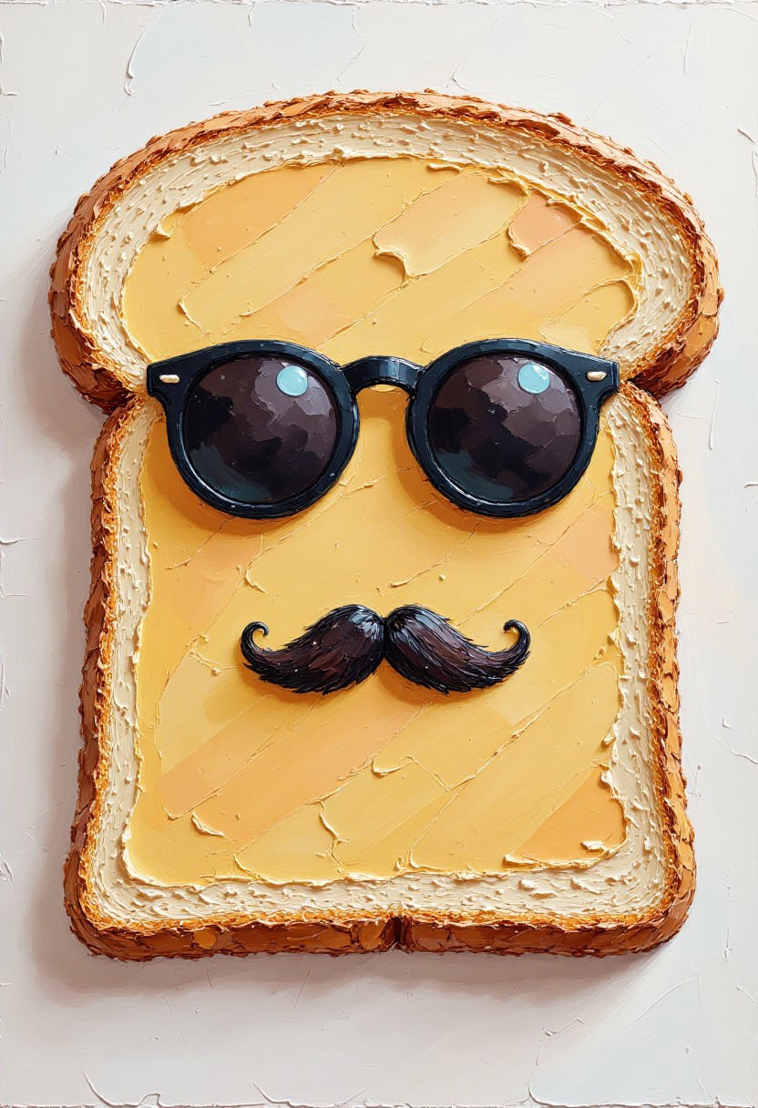 t3xtur3dart,
A pair of sunglasses and a mustache drawn on a slice of bread
