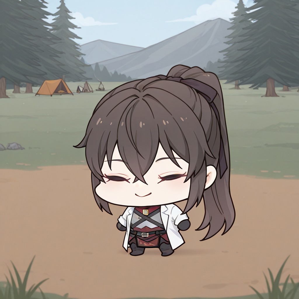 <lora:BlueSechi-IL-V3_Aeromoia:1>, bsechi, 1girl, (chibi:1.4), solo, camp, smile, UraKanna, closed eyes, ponytail, long hair, brown hair, black hair ribbon, lab coat