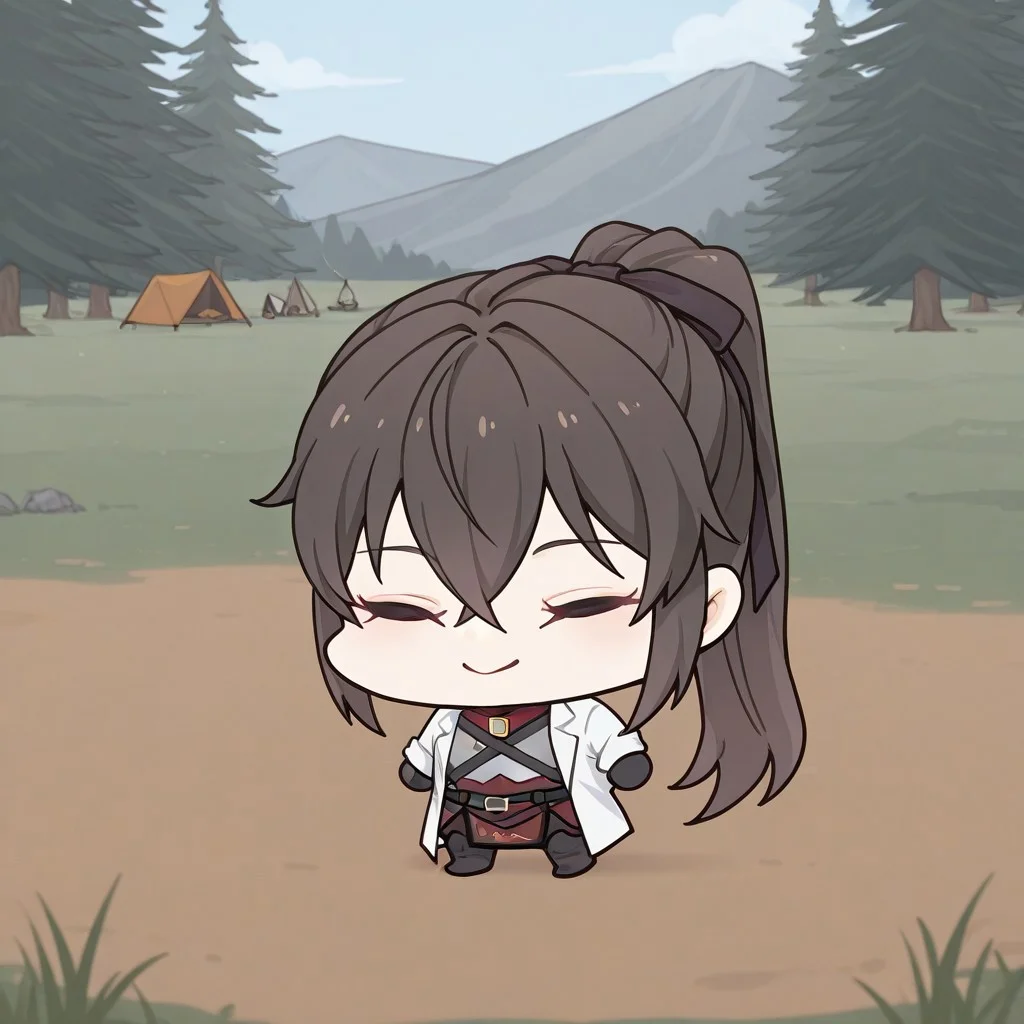 <lora:BlueSechi-IL-V3_Aeromoia:1>, bsechi, 1girl, (chibi:1.4), solo, camp, smile, UraKanna, closed eyes, ponytail, long hair, brown hair, black hair ribbon, lab coat