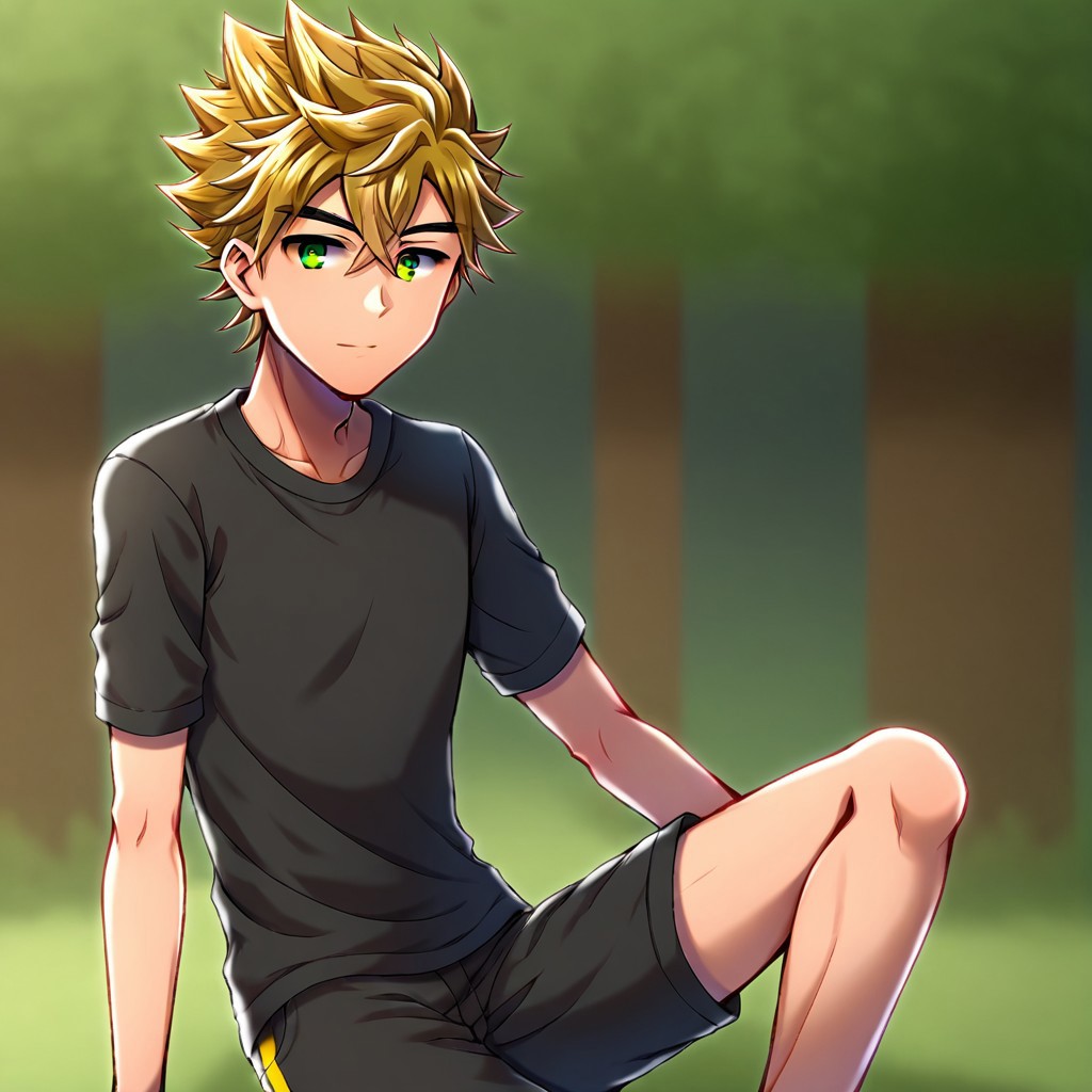 hikarishi_kenji_v2, green eyes, blonde hair, spiky hair, bangs, 1boy, solo, male focus, black shirts, black shorts