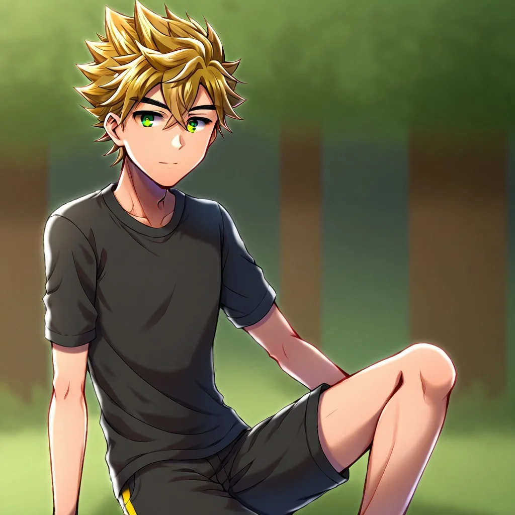 hikarishi_kenji_v2, green eyes, blonde hair, spiky hair, bangs, 1boy, solo, male focus, black shirts, black shorts