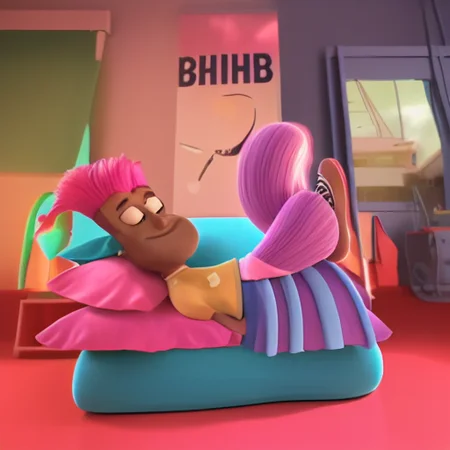 dark-skinned male, on back, pillow, socks, pink hair, artist name, tail, looking up, 6+girls