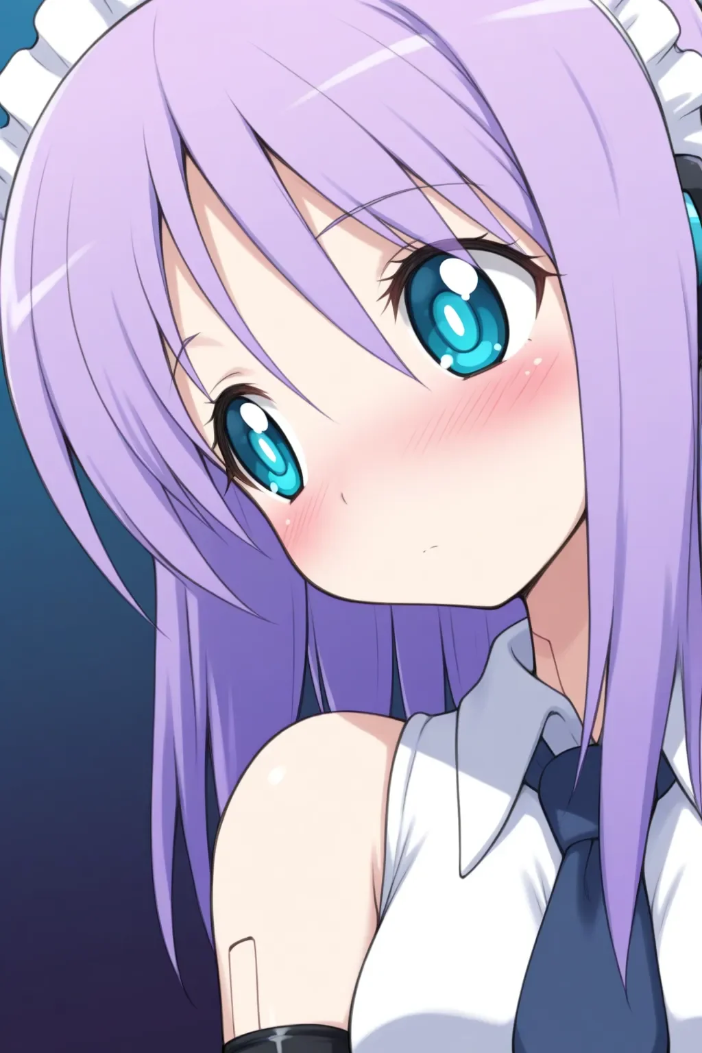 <lora:pugyuru_espel:1>masterpiece, best quality, pugyuru_espel, 1girl, solo, blush, maid, upper body, detached sleeves, necktie, android, purple hair, bule eyes, Tilt head