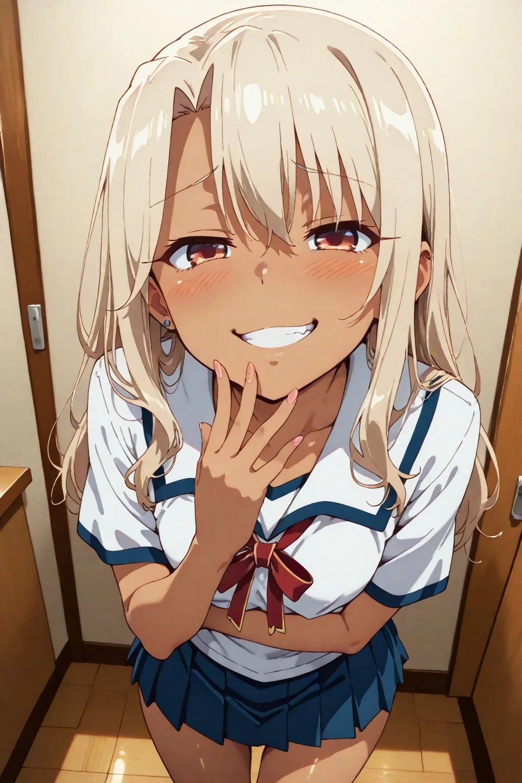 masterpiece,best_quality,1girl,illyasviel von einzbern,fate/kaleid liner prisma illya,school uniform,gyaru,ear piercing,tan,smug,teeth,dutch angle,<lora:sdxl_lightning_8step_lora:1>,<lora:spo_sdxl_10ep_4k-data_lora_webui:1>,<lora:flat_sdxl:1>,<lora:bold-16oa:0.5>,