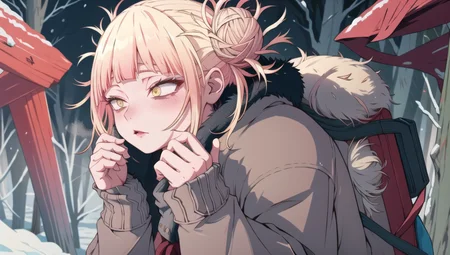 1girl, (snowstorm:1.2),  (dark forest:1.2), snow,  <lora:TogaHimikoLoRA:1>, snow falling, winter, night, dark, amazing background, blond hair, stands in the center, Best Shadows, Shallow Depth of Field, red winter jacket, black backpack warmly dressed, without a hat, (perfect hands:1.2), night, dark, (Solo:1.3), (realistic:1.3), epic realistic, detailed, 4k,  <lora:Bloodstainai:0.8>