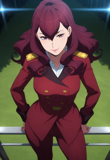 masterpiece, best quality, amazing quality, 1girl, solo, cowboy shot, femieanneww, mature female, red eyes, red hair, long hair, curly hair, hair between eyes, lipstick, vers uniform, military uniform, red jacket, epaulettes, red pants, black knee boots, high heels, looking at viewer, smile, outdoors, skindentation, detailed clothing folds, depth of field, sharp, high contrast, dynamic light <lora:Aldnoah_Zero_Femieanne_ill:1>