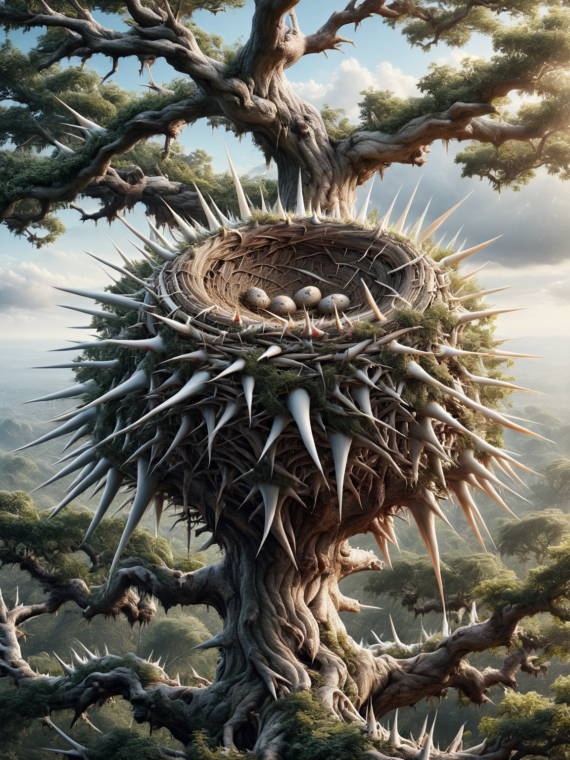 A cozy, abandoned bird's nest made entirely of ais-thrny, atop a tall oak tree <lora:ais-thrny-sdxl:1>