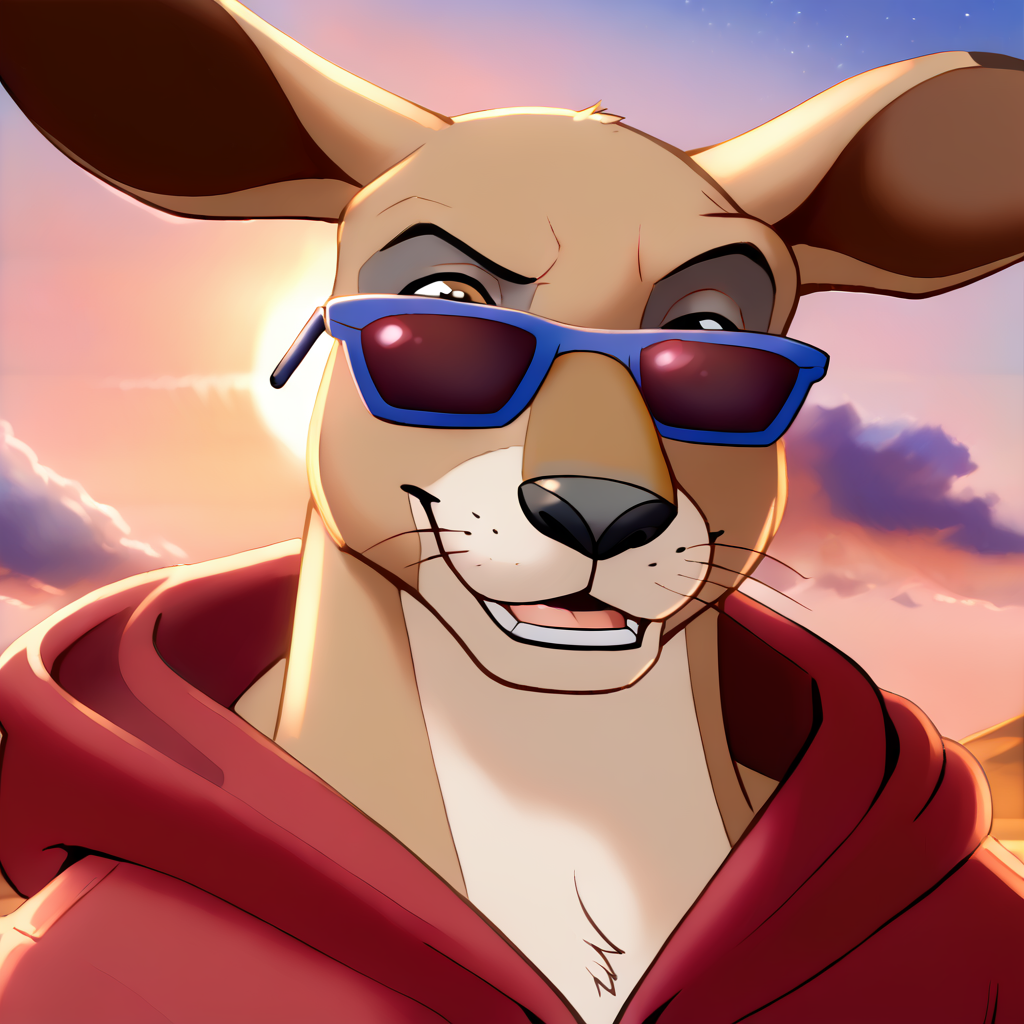 <lora:Jackie_Legs_Kangaroo_Jack_GDay_USA:1>,  <lora:HandFixer_pdxl_Incrs_v1:3>,   <lora:StS_PonyXL_Detail_Slider_v1.4_iteration_3:2>, jackielegs, kangaroo, brown eyes, brown fur, white underside, black ear tips, brown iris, black pupils, whiskers, red hoodie, male focus, furry male, open mouth, outdoors, sky, ((pulling sunglasses away from eyes)). side view, head facing right, body facing right, leaning against beige rock, Australian outback background, teeth, smile, ((looking at viewer)), (anthro), ((8k, best quality, sharp details, hdr, ultra quality,)), sun in background,  rock sculptures in distance, kangaroo tail,  ((score_9, score_8, score_7)),