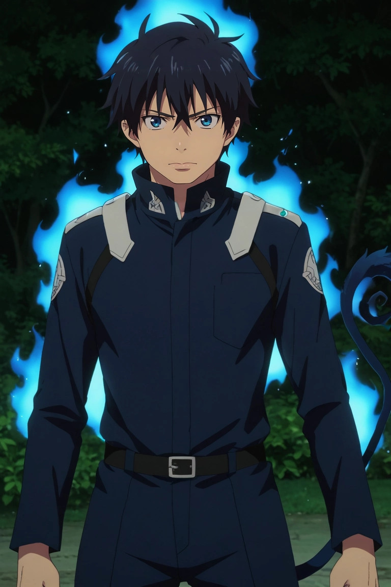 score_9, score_8_up, score_7_up, source_anime, rating_safe, , anime screencap, , , , , 1boy, solo, male focus, <lora:rin_okumura_pony:0.84>, rin_okumura, black hair, blue eyes, short hair, hair between eyes, , tail, blue fire, cowboy shot, mont saint michel, dawn, (dynamic pose), wavy mouth, ranger costume, <lora:sdxl_lightning_8step_lora:1>