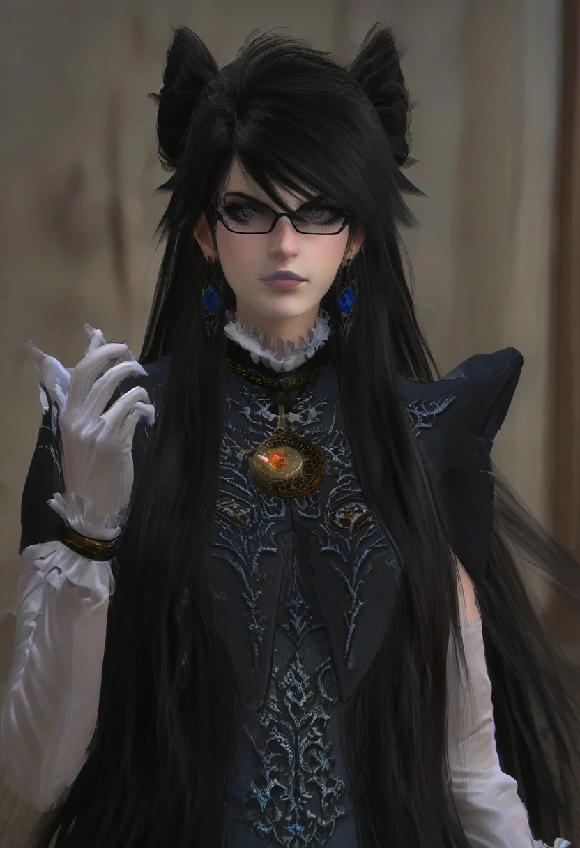 ,score_9, score_8_up, score_7_up,<lora:brawl_style_1_2_R:0.8>, 1girl, brawl, bayonetta 2, Black Hair, Very Long Hair, Epic Hair, Big Hair, Wavy Hair, Ponytail, Dual Bun, Brawl Stars Style, Blue Triangle Earrings, Gray Eyes, White Long Gloves, Long Sleeves, Black Skirt, Eyeglasses, Half Body, {{Sakimichan Style}}, Blue Lipstick, source_anime