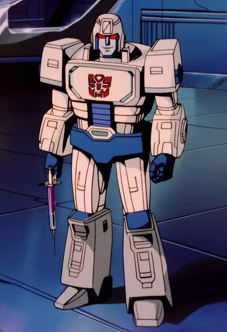 score_9, score_8_up, score_7_up, animation, transformers, 1boy, robot, decepticon, short, bulky, scientist, glowing eyes, red eyes, large eyes, circular eyes, white armor, solar panels, transforms into mars rover, full body, cowboy shot, smiling, holding syringe,