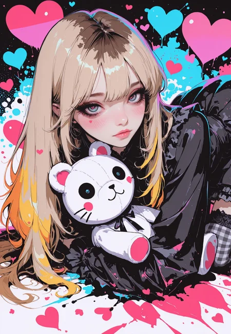 masterpiece, high_quality, highres, sharp_focus, detailed_eyes, looking_at_viewer, cutely, long_lashes, frilly_dress, pearl_wrapped, opaque_tighhighs,
warm_colors, circles, halftone_background, wind_effect, wide_angle, blushing, blush, uwu_expression,
bent_over, lying_down, hugging_stuffed_animal, 
half_up_half_down, blonde_hair, brown_hair,
r17329_illu <lora:r17329_illu:0.6>, hrtdrp, Hearts Drips, <lora:hrtdrp:0.5>
reij-incs, silhouette character, black ink, neon colors, colors splash effect  <lora:incs:0.8>, artist:moriimee  <lora:MoriiMee_Gothic_Niji_Style_Illustrious_r1:0.4>