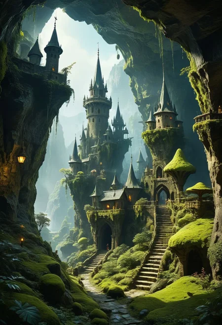 (magical fantasy hanging medieval city buildings with minarets in a fantastical vast expansive underground mossy enclosed cave dimension with lush shrubs vegetation), advntr, floating rock formations in zero gravity, (multi terraced slopes in a procession courtyard, cramped many story houses, many hanging connected multidimensional bridges and aqueducts with vines, giant olivine crystals and fungi), moody misty atmospherics, 4k, highres, best quality, dramatic, cinematic, epic, pantone analogue style, (concept art, digital art, realistic, professional masterpiece, dynamic, (curvilinear perspective), high view angle, establishing shot, low depth of field, tilt shift, iris blur, bokeh, sharp clarity:1.2), dvr-lnds-sdxl, fine intricate details, great lighting, warm dappled soft lighting, volumetric lighting, detailed highlights, rim lighting, low-key