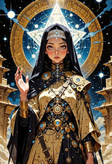 (in Otomo Katsuhiro style:1.2), masterpiece, high-quality, A biomechanical nun adorned in metallic robes embedded with slowly rotating gears and pulsing circuitry, each symbol etched with ancient script, Hovering glowing disks orbit her like planets around a star casting geometric patterns across her face, Her gaze is serene and she raises a hand as if blessing the surrounding space with energy, mechanical divinity, techno-relic, cosmic blessing, Stylized anime with intricate textures and metallic highlights, (elaborate fine details:1.1), (hyperdetailed:1.1), (intricate details:1.0), (Refined details:1.1), (best quality:1.1), (high resolution:1.2), <lora:FLUX\Anime v1.3:0.6> <lora:FLUX\VividlyReal:0.6> <lora:FLUX\FLUX-daubrez-DB4RZ:0.4>
