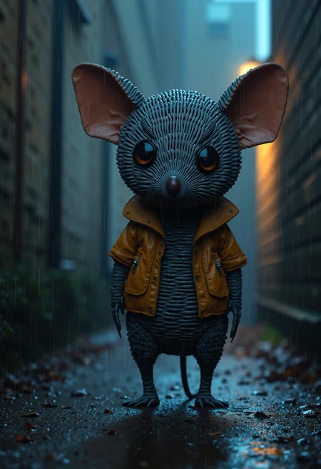 wkrstyle a mouse, with big ears, in a dark alley, rainy weather, orange light from right, blue light from left,