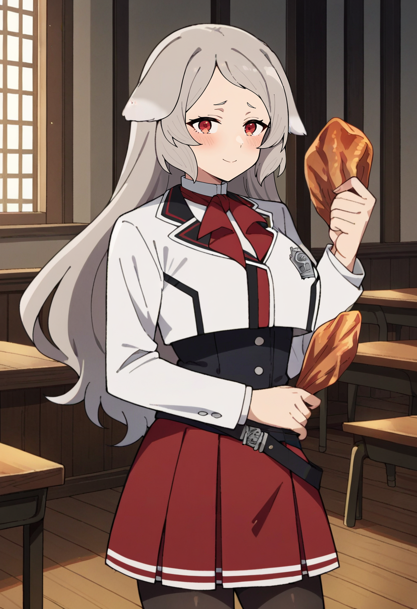 score_4, score_5, score_6, score_9, score_8_up, score_7_up, source_anime,
<lora:MushokuTensei_PursenaXL:0.8>, PursenaMT,
1girl, light smile, blush,
grey hair, long hair, red eyes, dog ears,
school uniform, cropped jacket, white jacket, large breasts, white shirt, long sleeves, black corset, black belt, red skirt, red neckerchief, black pantyhose, 
standing, looking at viewer, holding food, meat,
indoors, medieval, classroom, chair, table