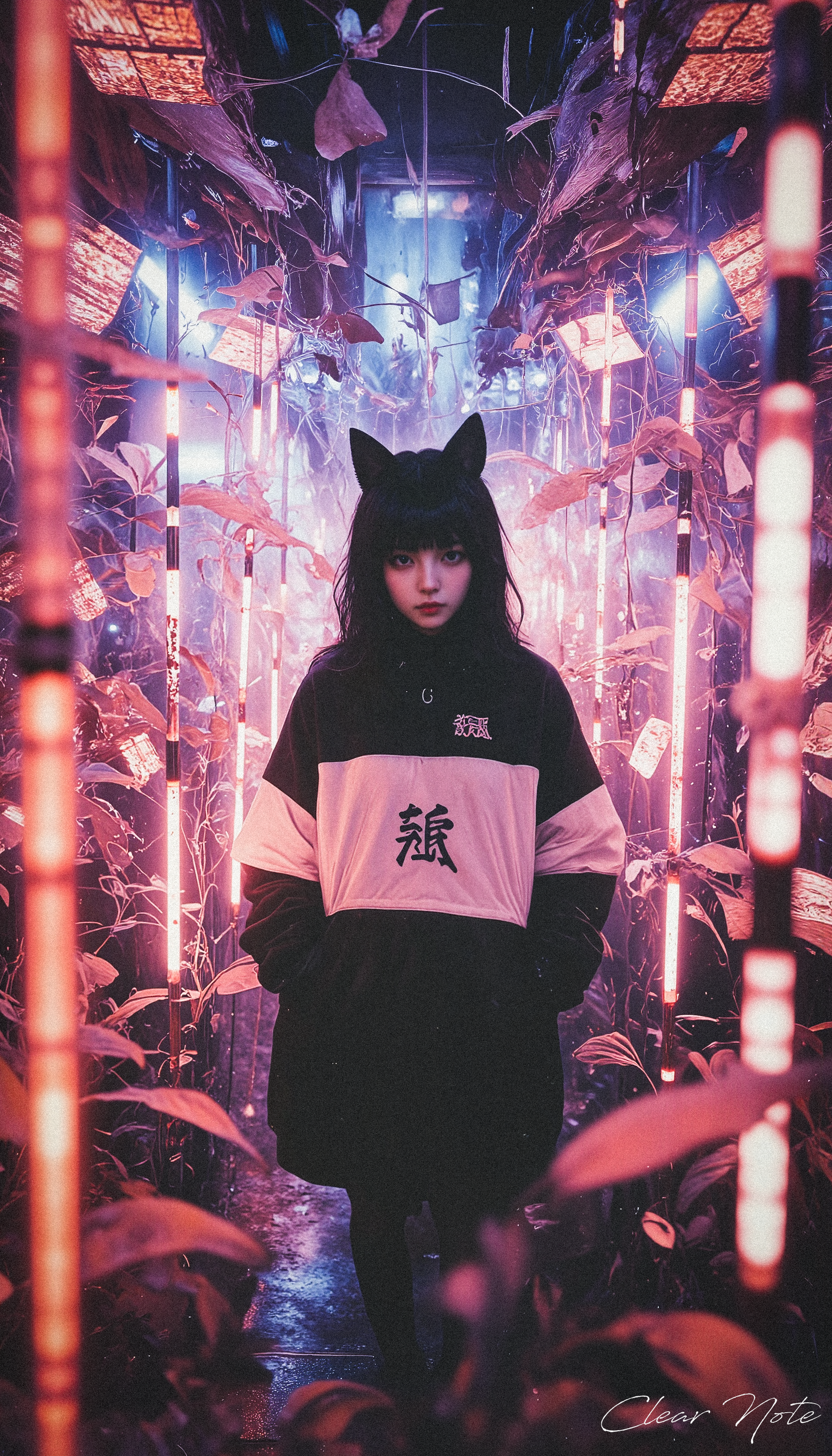 Neo Photorealistic Art Style, A Japanese girl with long fox ears and black hair dons a futuristic windbreaker, exuding a surreal, mystical aura. Amid a complex, high-tech Neo-Japan backdrop, she stands as a cutting-edge psychic, embodying enigmatic power and avant-garde fashion.