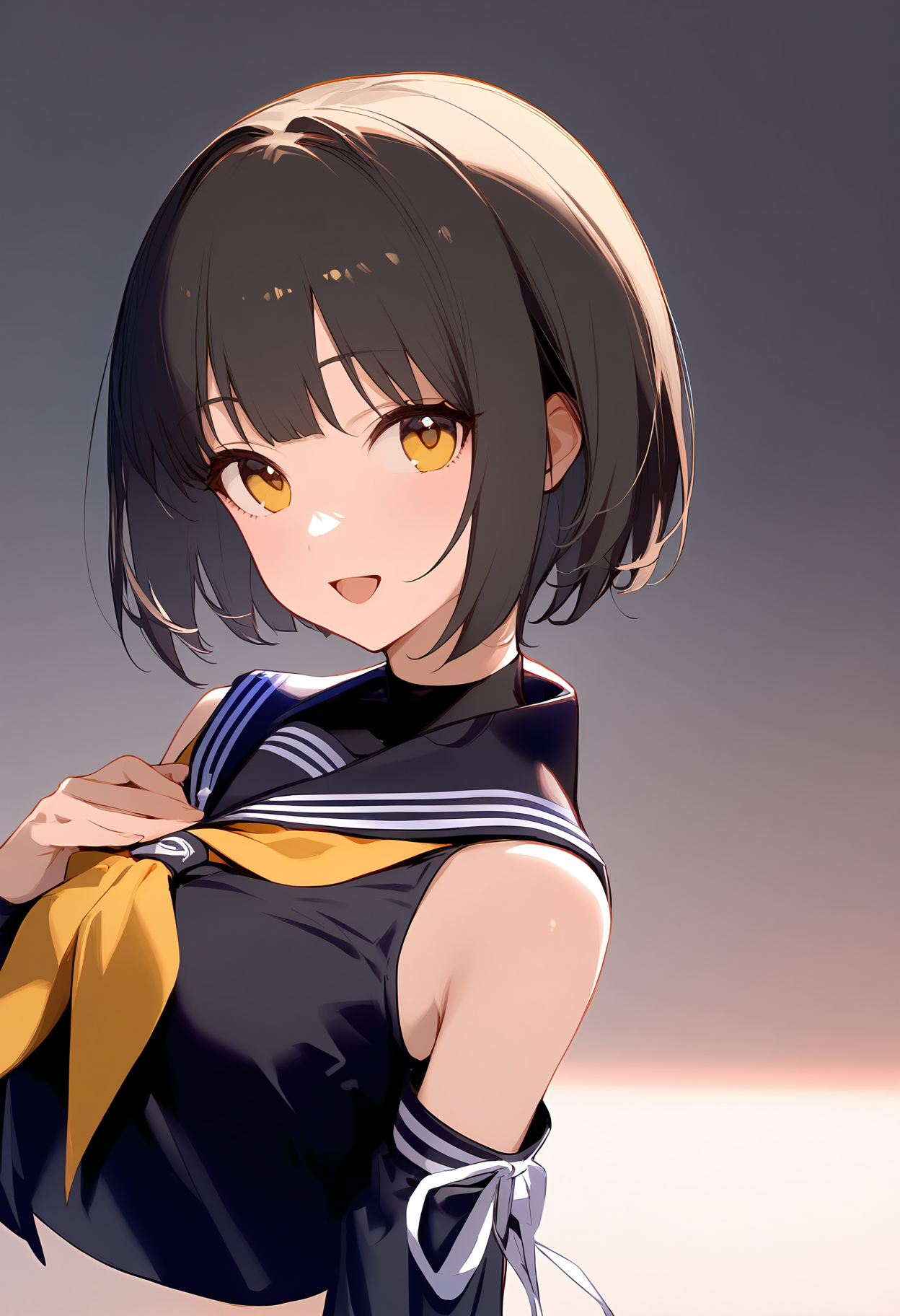 1girl,
takafuji kako,


neckerchief, arm ribbon, smile, arm at side, short hair, hand on own chest, sidelighting, sailor collar, long sleeves, upper body, bob cut, black shirt, open mouth, ribbon, shirt, hand up, black hair, turtleneck, looking at viewer, light blush, yellow eyes, yellow neckerchief, simple background, white background, sleeveless turtleneck, black sailor collar, white ribbon, blunt bangs, sleeveless, detached sleeves, sleeveless shirt, solo, cropped torso,

sfw
<lora:a31_char_new_takafuji_kako:1> <lora:a31_style_koni-000010:0.8>