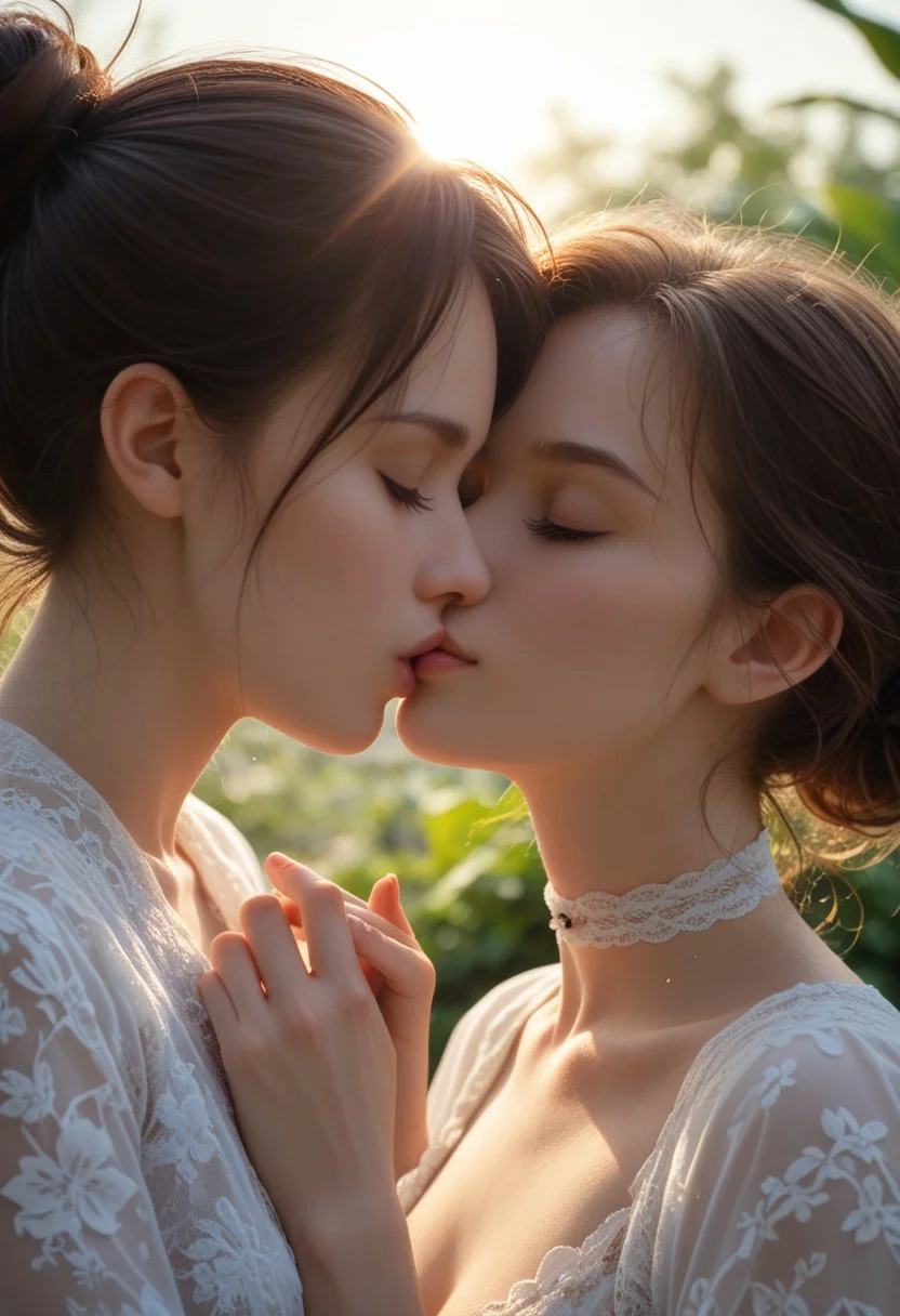 score_9, score_8_up, score_8, bokeh, depth of field, (lens flare:1), soft focus, colorful, contrast , reflections, abstract, messy picture, 2girls, lesbian, very pretty, Russian girl, choker made of lace, snub nose, cute, exotic, pale, 1girl, age 20, petite, messy bun, garden, breasts exposed, eyes closed, Expressiveh, view from below, close up, face focus, (kissing neck:1),moaning, innocent, (aroused, pleasure:1.4), God rays, light particles