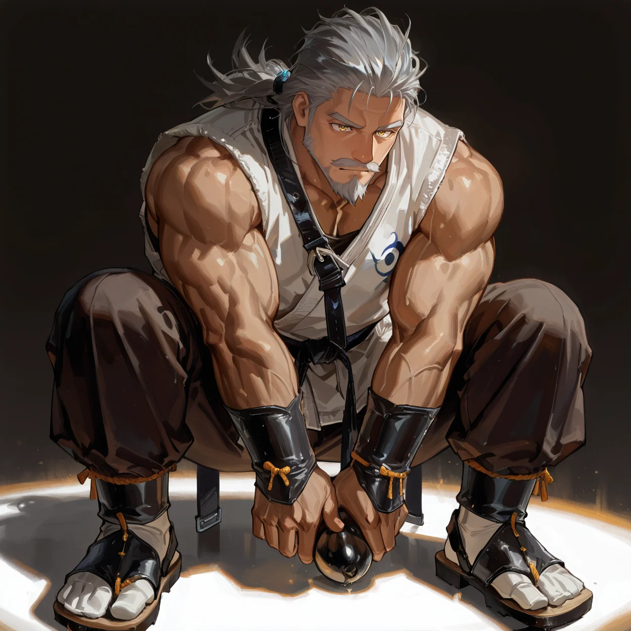 <lora:Eizan__Alchemist_Code-000002:.5>, 1boy, solo, tagatameeizan, bara, old man, muscle body, yellow eyes, long straight hair, silver hair, moustache, goatee, dougi, pants, socks, sandal, belt
(very short hair, beard, bara, mature, facial hair, stubble, beard, full beard, sideburn, beard, a lot of beard, ), facial hair,male focus, muscular male, muscular male, bara, mature,  bara, mature, aixiwuganda_(20222192), very awa, masterpiece, best quality, absurdres, newest, perfect quality, detailed background, intricate details,
<lora:slider_Body Type_alpha1.0_rank4_noxattn_last:3><lora:style_Anime Summer Days 2 Style SDXL_LoRA_Pony Diffusion V6 XL:.6><lora:slider_cfg_scale_boost:.7><lora:Artist6p:.55>, Artist6p, Artist04p,<lora:slider_il_brightness_slider_d1:-1><lora:slider_il_contrast_slider_d1:-1><lora:slider_DarkSlider1.2_alpha1.0_rank16_full_300steps:-.6>