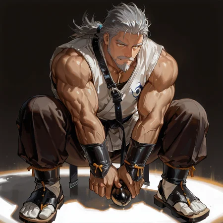 <lora:Eizan__Alchemist_Code-000002:.5>, 1boy, solo, tagatameeizan, bara, old man, muscle body, yellow eyes, long straight hair, silver hair, moustache, goatee, dougi, pants, socks, sandal, belt
(very short hair, beard, bara, mature, facial hair, stubble, beard, full beard, sideburn, beard, a lot of beard, ), facial hair,male focus, muscular male, muscular male, bara, mature,  bara, mature, aixiwuganda_(20222192), very awa, masterpiece, best quality, absurdres, newest, perfect quality, detailed background, intricate details,
<lora:slider_Body Type_alpha1.0_rank4_noxattn_last:3><lora:style_Anime Summer Days 2 Style SDXL_LoRA_Pony Diffusion V6 XL:.6><lora:slider_cfg_scale_boost:.7><lora:Artist6p:.55>, Artist6p, Artist04p,<lora:slider_il_brightness_slider_d1:-1><lora:slider_il_contrast_slider_d1:-1><lora:slider_DarkSlider1.2_alpha1.0_rank16_full_300steps:-.6>