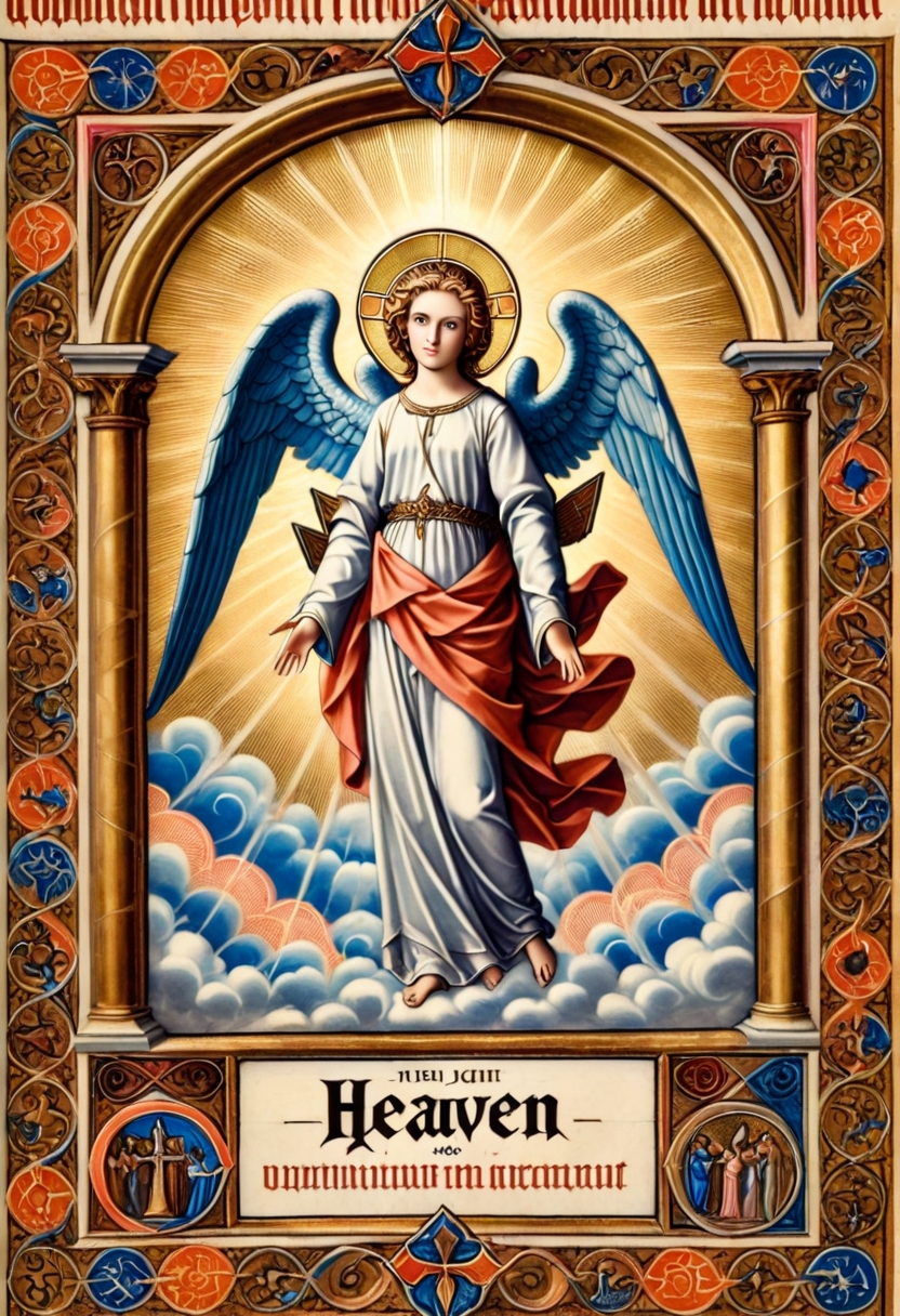 Epic movie poster,a pam-mdvl angel,heaven background, rectangular frame, texta, divine light,highly detailed, dynamic, masterpiece,intricate,hdr