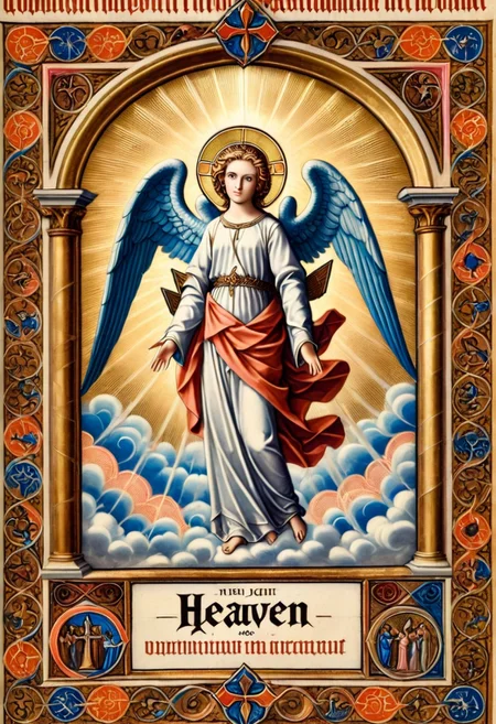 Epic movie poster,a pam-mdvl angel,heaven background, rectangular frame, texta, divine light,highly detailed, dynamic, masterpiece,intricate,hdr