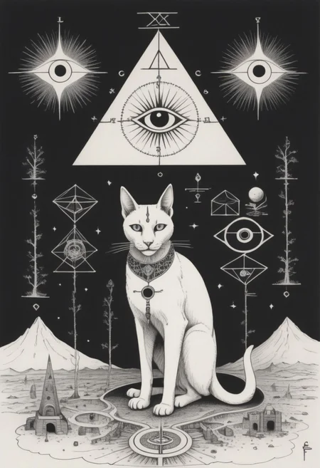 a drawing of Lunar Anubis, cat performing alchemy of etheral symbol quintessence, (one paw raised showing the eye of chemigram:1.1 eye of hamesh (with rays coming out of it), OverallDetail forging cluster astral keys.<lora:UFO_Alchemy_sdxl:1.0>,( <lora:symmetrical:1.5> (negative space tetrahedal trees ((revelation of method,PStyl3 )), <lora:Maximalist_Drawing_BW:0.2>)), (map QuinnMora, HaroldFiskMeander background:1.4), framesmade of checkerboard layer, , no human, ((sigil of pyramid, sigil of great power, frames cube FancyTurning:1.5), (three planes) X Y Z in occult space