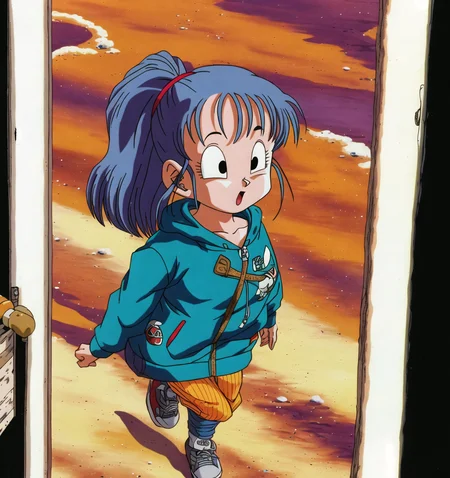 masterpiece, best quality, akiratoriyama art style, a girl walking in a desert wearing a hoodie, blue hair, ponytail,