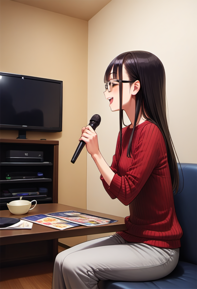 score_9, score_8_up, score_7_up, rating_safe, masterpiece, best quality, absurdres, unity 8k wallpaper, official art, official style, source_anime, uncensored, game cg, megami magazine,
1girl, solo, glasses, black hair, long hair, ribbed sweater, pants, happy, smile, closed eyes, open mouth, holding microphone, karaoke, sitting,
karaokeroom, scenery, table, door, indoors, couch, screen,joypad, microphone, television,
 <lora:karaoke_room_PONY_V3A:0.8>