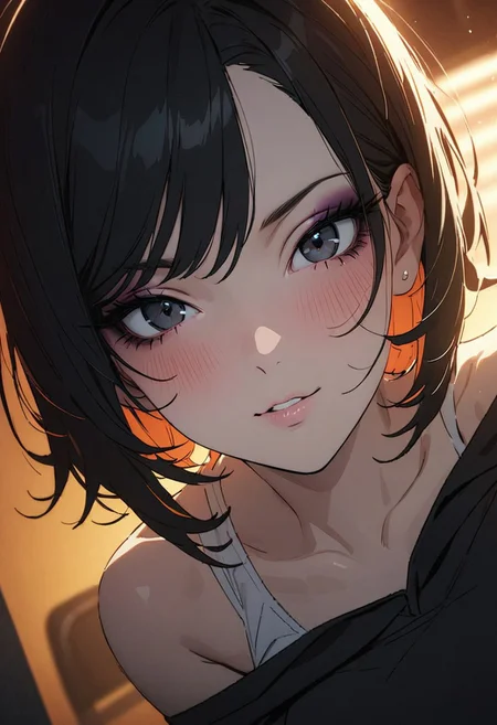 1woman, solo, villainess, 1woman, pale skin, black eyes, bob hair, black hair, evil look, big breasts, cinematic, (masterpiece), (best quality), (ultra-detailed), very aesthetic, illustration, detailed eyes, perfect eyes, detailed face, (beautiful detailed face, beautiful detailed eyes) ,extreme details eyes masterpiece, best quality, amazing quality, very aesthetic, (flat colors:1), (Artist:ilya kuvshinov:1), (Artitst: incase0.65), 1MILF, open eyes, (motion lines:0.3), (motion blur:0.3), mature female, , BREAK dynamic light, warm_light, vibrant colors warm_colors, soft focus, high contrast, textured surfaces, depth of field, golden hour lighting, dramatic shadows, rich details, nature-inspired color palette, BREAK
(face focus, close-up:1.6), eyeshadow, messy hair, dutch angle, chair, (white tanktop, black hoodie, bare shoulders), denim shorts, pantyhose, indoors, computer desk, sitting behind desk, night, desk light, relaxed, bedroom, smug, blush, looking at viewer,