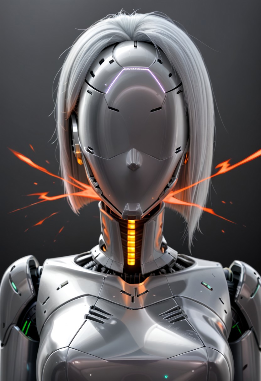 A 35mm photo of a beautiful broken robotic woman, she has a faceless robotic head, robot, silver hair, smooth dark grey metallic featureless feminine body, sparks coming from her damaged neck
no face