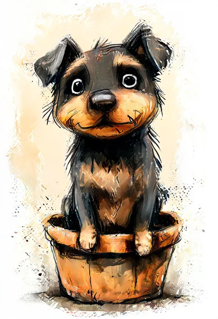impactful color paint of cute drawing of a puppy in a wicker basket, sofa, pillows, highly detailed, 8k, sharp, professional, clear, high contrast, crystal clear
