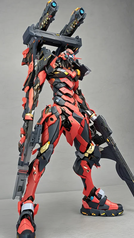 professional 3d model of (EVAUNIT:0.8), mecha, robot,(science fiction:1),(very biggest size mecha:1.6),glowing eyes,(full body:1.2),mechanical parts,robot joints,(holding huge weapon:1.5),best quality,masterpiece,highly detailed,ultra-detailed,(huge mechanical weapon:1.3),(detailed weapon:1.2),(huge mechanical gun:1.2),<lora:srdxl_v2_5a1:0.8>, octane render, highly detailed, volumetric, dramatic lighting