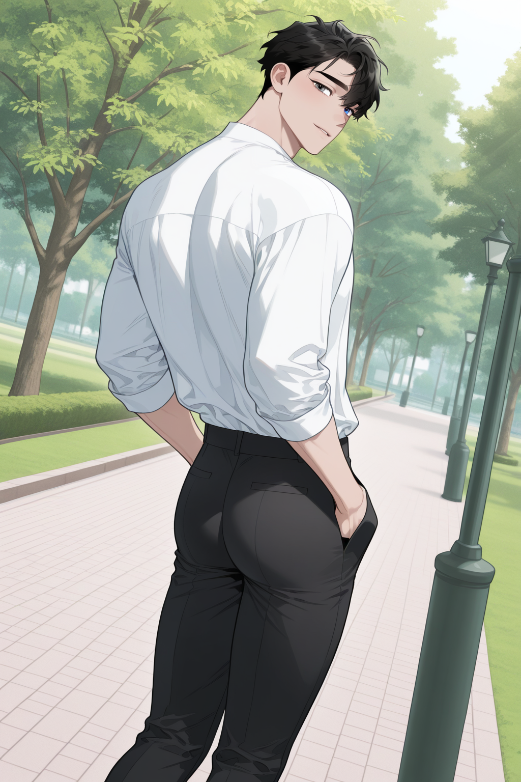 <lora:define relationship-IL-000008:0.8>,heterochromia,ash,black hair,hands in pockets,white shirt,black pants,looking back,dutch angle,wind,park,spring,1boy,solo,yaoi,bara,male focus,masterpiece,best quality,amazing quality,nsfw,uncersored,highres,best quality,amazing quality,best aesthetic,absurdres,