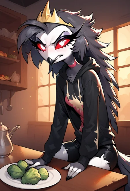 masterpiece, score_9, score_8_up, score_7_up, source_furry, (best quality:1.1), ultra-detailed, high resolution, 1character, solo, octavia from helluva boss, owl demon, beak, small breasts beak, red sclera, solo, glowing eyes, angry eyes, crown, plate with broccoli, fluffy, ear fluff, long eyelashes, indoors, (((beautiful detailed eyes))), Long eyelashes, looks at broccoli with disgust, wearing a black hoodie, black shorts, Highly Visible, (((8k))), sharp focus, perfect lighting, detailed outfit, long eyelashes, anatomically correct, extremely detailed, sitting at the dinner table, boiled broccoli on dish, table, (in kitchen), shine on body, high detail, disgusted facial expression, Expressiveh, detailed background, OverallDetail, zPDXL2