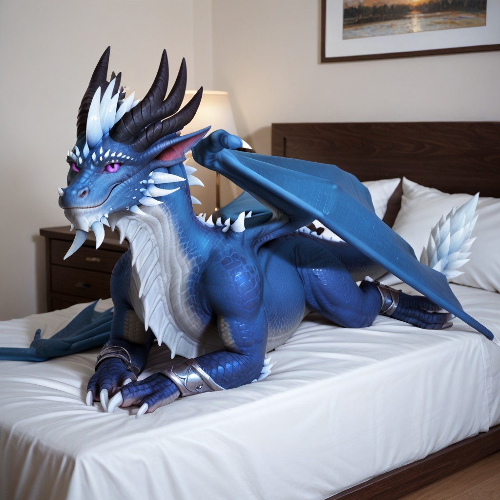 score_9, score_8_up, score_7_up, score_6_up, score_5_up, score_4_up, masterpiece, high quality, realistic, detailed, best quality, white bed, solo, rating_safe, source_furry, bedroom, smiling, seductive pose, lying on belly, looking at viewer, on bed, full body, kalecgos_wc, dragon, blue scales, wings, horns, tail, tail end, claws, male, 1boy, purple sclera, black slit pupils, feral