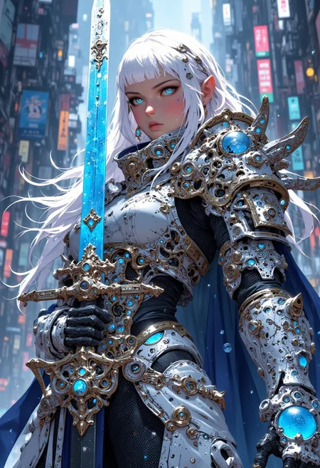 half body shot, anime female, rugged woman knight, holding a sword, ultra detailed sword with blue insignias on it, silver white hair, blunt bangs, pointy elf ears, pearl opal, very aesthetic, masterpiece, best quality, ultra detailed, perfect anatomy, sword, dazzling , transparent, burnished silver, steel armor, shine armor, detailed Illustration, official artwork, wallpaper, official art, beautiful detailed eyes, blue eye, silver color palettes.