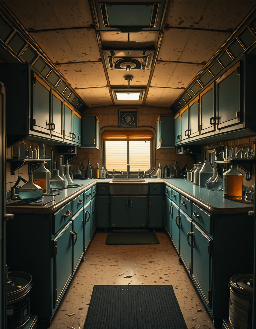 The interior of an old RV converted into a clandestine drug laboratory, inspired by the TV series Breaking Bad. The space is cramped and messy, filled with scientific equipment, glass beakers, flasks, burners, chemical containers, and lab tools scattered around. The walls are aged and stained, with peeling wallpaper and old metallic cabinets. A small sink area is cluttered with dirty lab glassware. The lighting is dim and tinted yellow, with sunlight barely filtering through dusty blinds. The floor is grimy, with a mix of rubber mats and worn carpet. The overall atmosphere is tense and gritty, capturing a sense of secrecy and danger. Hyper-realistic style, cinematic composition, rich in textures and shadows.
<lora:SDXLFaeTastic2400:0.4> <lora:extremely_detailed:0.4> extremely detailed,old RV drug l4b0r4t0ry, <lora:old_RV_drug_l4b0r4t0ry-i:1>, Masterpiece,best quality,hi res,8k,hi res,8k,award winning,(sharp focus, intricate, highly detailed),