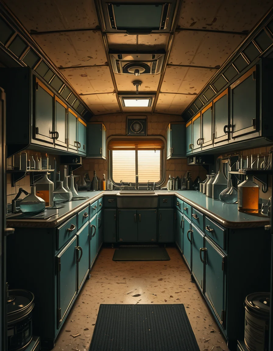 The interior of an old RV converted into a clandestine drug laboratory, inspired by the TV series Breaking Bad. The space is cramped and messy, filled with scientific equipment, glass beakers, flasks, burners, chemical containers, and lab tools scattered around. The walls are aged and stained, with peeling wallpaper and old metallic cabinets. A small sink area is cluttered with dirty lab glassware. The lighting is dim and tinted yellow, with sunlight barely filtering through dusty blinds. The floor is grimy, with a mix of rubber mats and worn carpet. The overall atmosphere is tense and gritty, capturing a sense of secrecy and danger. Hyper-realistic style, cinematic composition, rich in textures and shadows.
<lora:SDXLFaeTastic2400:0.4> <lora:extremely_detailed:0.4> extremely detailed,old RV drug l4b0r4t0ry, <lora:old_RV_drug_l4b0r4t0ry-i:1>, Masterpiece,best quality,hi res,8k,hi res,8k,award winning,(sharp focus, intricate, highly detailed),