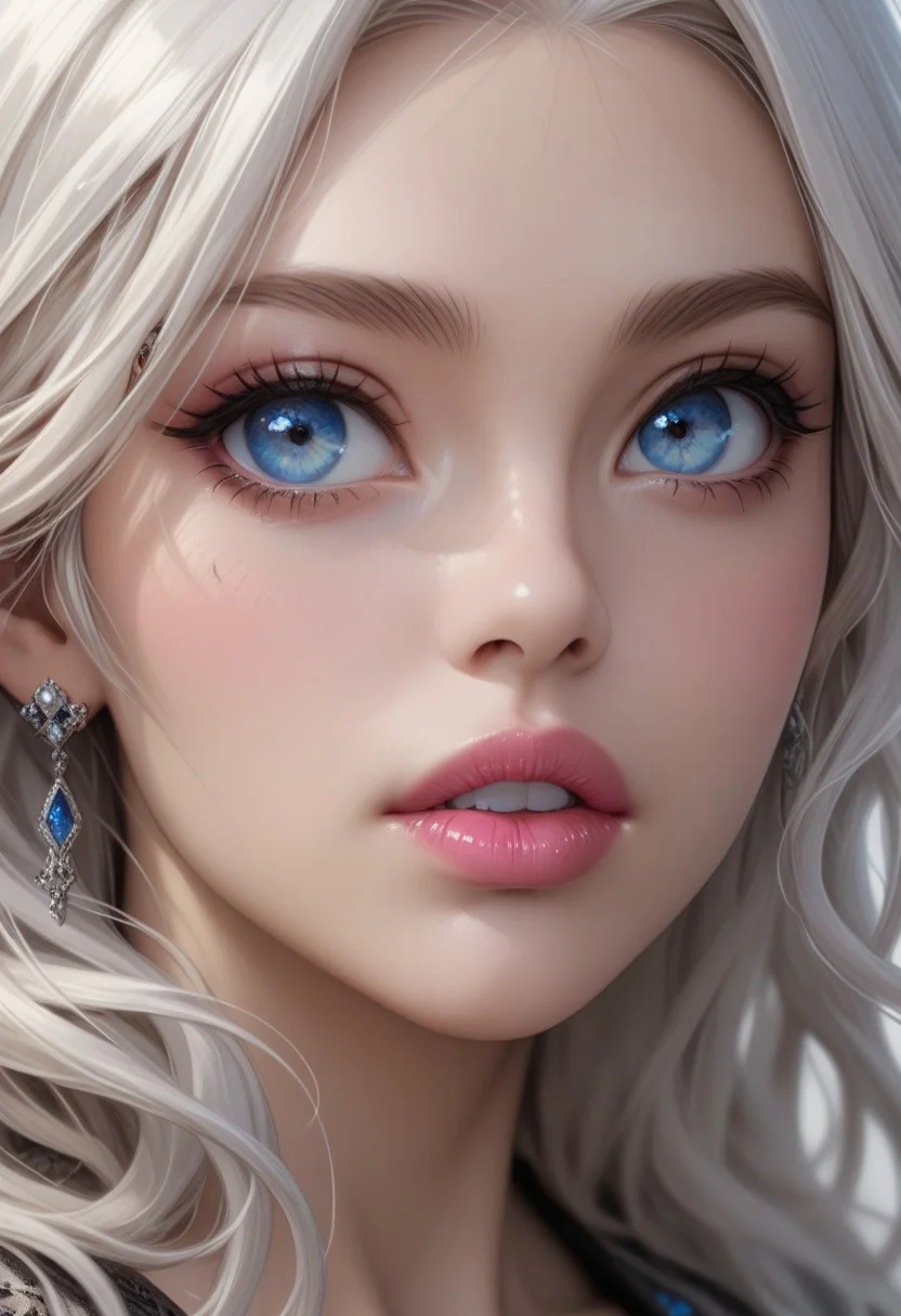 best quality, masterpiece, highly detailed, ultra-detailed, close up of woman face, pretty face, strong jaw line, 1girl, white hair, pink lipstick, blue eyes