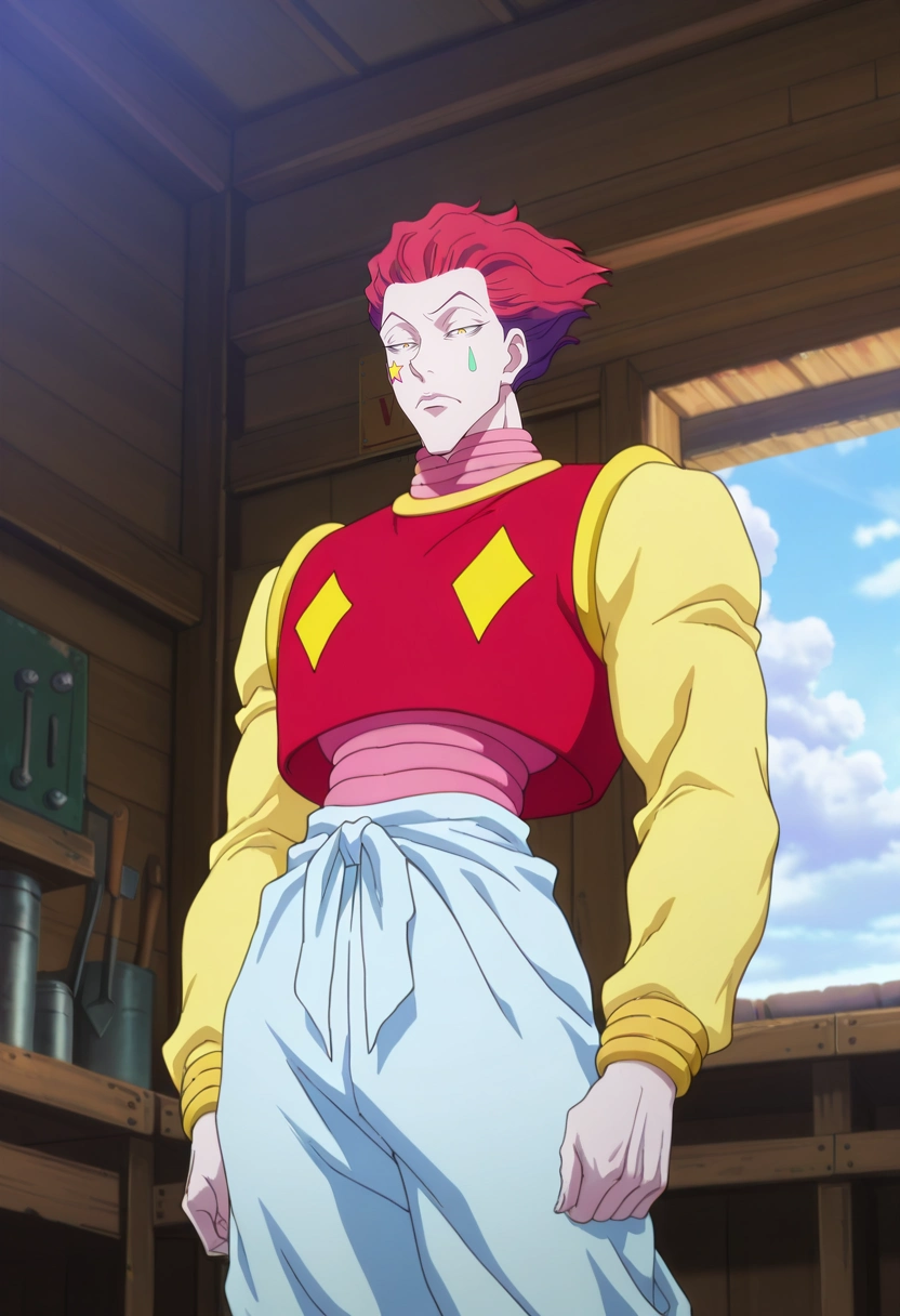 masterpiece, best quality, , anime screencap, , , , 1boy, solo, male focus, <lora:hisoka_morow_ilxl:0.98>, hisoka_morow, red hair, yellow eyes, facial mark, star \(symbol\), wide angle, wide shot, cowboy shot, workshop, day, clouds, slouching, sad, Harem pants, Windbreaker, , Snapback cap,