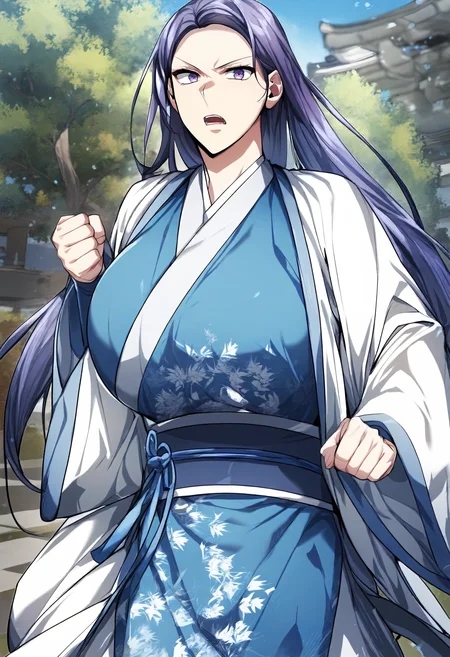 score_9, score_8_up, score_7_up, score_6_up, source_anime, rating_explicit, 1girl, (solo:1.1), huge breasts, <lora:Jin Liyeon prefectPonyxl:1> long hair, black hair, purple eyes, blue hair, purple hair, japanese clothes, white robe, (blue kimono:1.1), floral print, sash, long sleeves, wide sleeves, serious, open mouth, park, outdoors, looking at viewer, standing, fighting stance, clenched hand, close-up