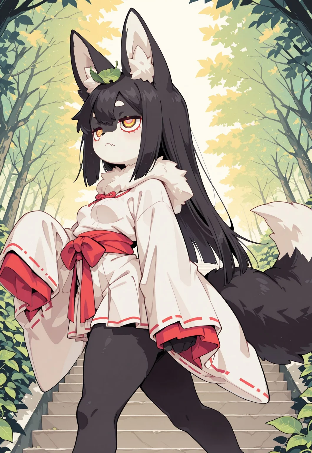 S4bit4mago_illu, anime style, s0wasow4rt_illu, halftone, detailed background, score_9, score_8_up, score_7_up, cartoon_type, (solo) masterpiece, (close up:2.36), very aesthetic, fluffy fur, (1 beautiful fox girl), 1 girl, fluffy, anthro, ((cute theme)), source_anime, lustrous black fur, large sleeves, oversized sleeves, sleeves over hands, (large eyes), from side, body covered, leaf on top of head, lidded eyes, walking, dynamic pose, straight hair, small breasts, slightly perky breasts, short skirt, huge ass, wide hips, back arched,  shrine maiden robes, detailed background, walking on stairs, in foliage, cute fang, placid look, wearing cloak, curvy, glossy body, puzzled, walking, perfect eyes,
